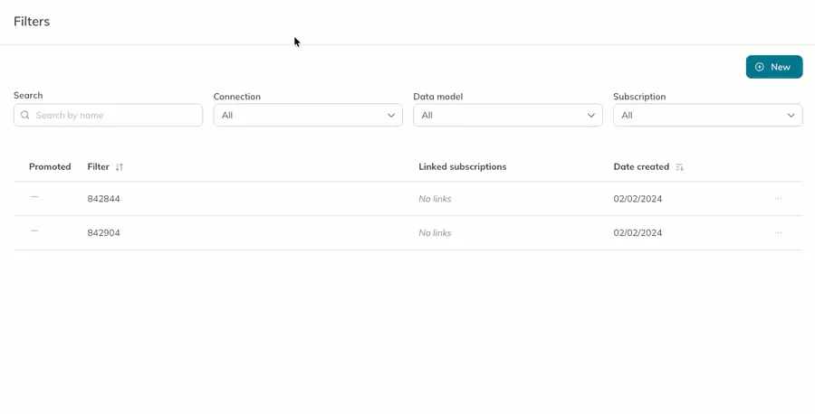 A user clicks the New button on the Filters page and enters a name. A user clicks the New button on the Filters page and enters a name.