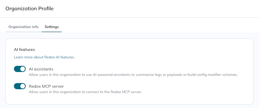Both AI features are enabled for their Redox organization.