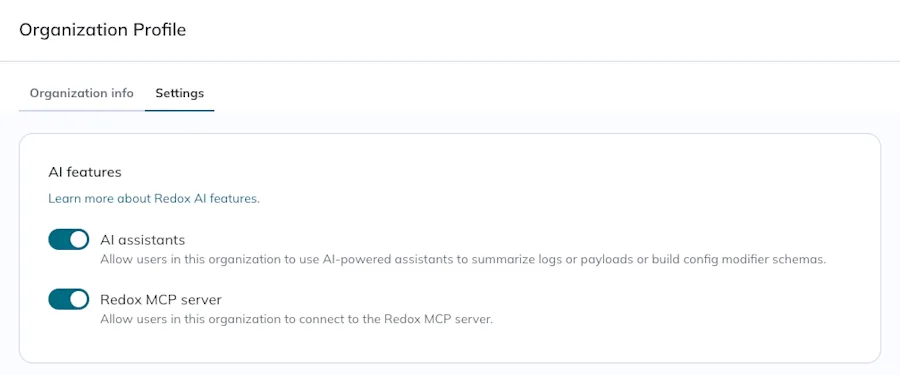Both AI features are enabled for their Redox organization. Both AI features are enabled for their Redox organization.