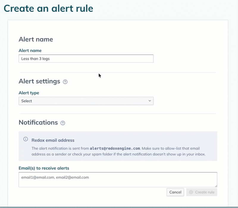 A user selects the type, time interval, and allowable number of logs for a new low traffic rule.