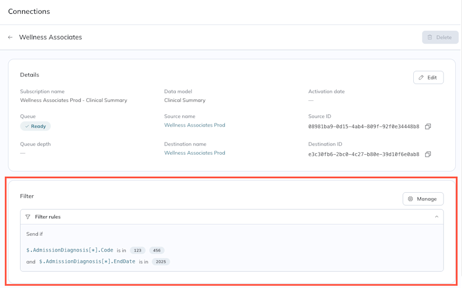 The filter details are highlighted at the bottom of a subscription's Details page. 