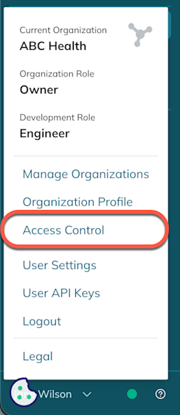 The Access Control option is the third option of the user menu. 