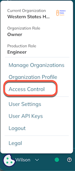 The Access Control option is the third option of the user menu. 