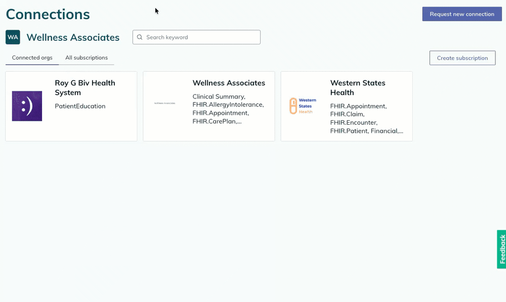 A user selects a connection to view their subscriptions in a visual flow.