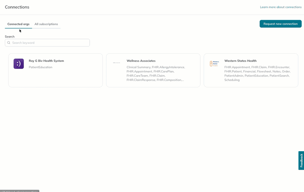 A user selects a connection to view their subscriptions in a visual flow.