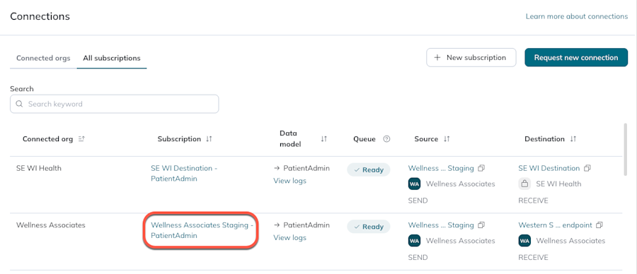 In the Subscription column, the name is a link that opens the Details page.