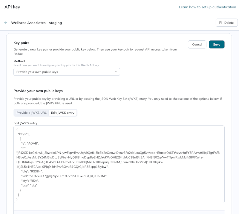 A user opts to provide their own public key and has two options in the Redox dashboard: 1) Provide a JWKS URL or 2) Provide a JWKS entry. A user opts to provide their own public key and has two options in the Redox dashboard: 1) Provide a JWKS URL or 2) Provide a JWKS entry.