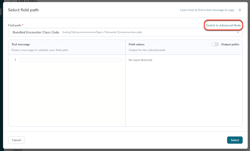 The option to switch to advanced template mode is in the top right of the modal.