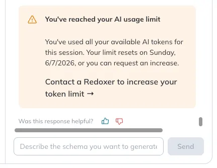A warning message indicates that the user has reached their AI token usage limit the week. 