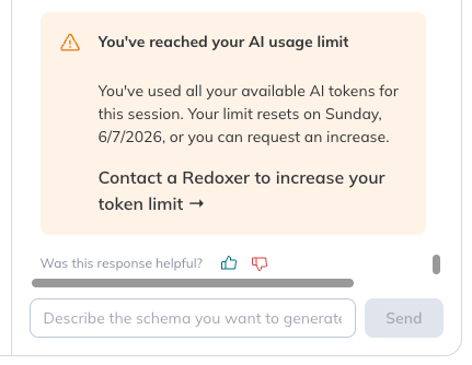 A warning message indicates that the user has reached their AI token usage limit the week. 
