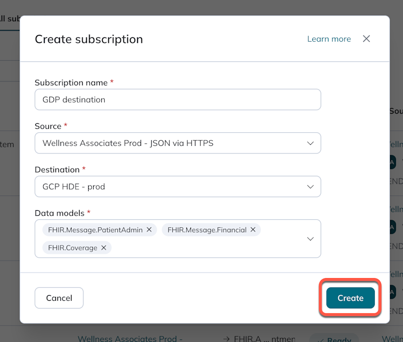 The Create subscription modal is filled out and ready to create 3 new subscriptions. 