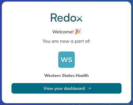 Redox displays a welcome message after accepting an invitation. 