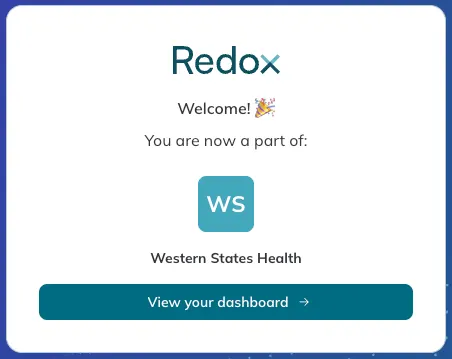 Redox displays a welcome message after accepting an invitation. Redox displays a welcome message after accepting an invitation.