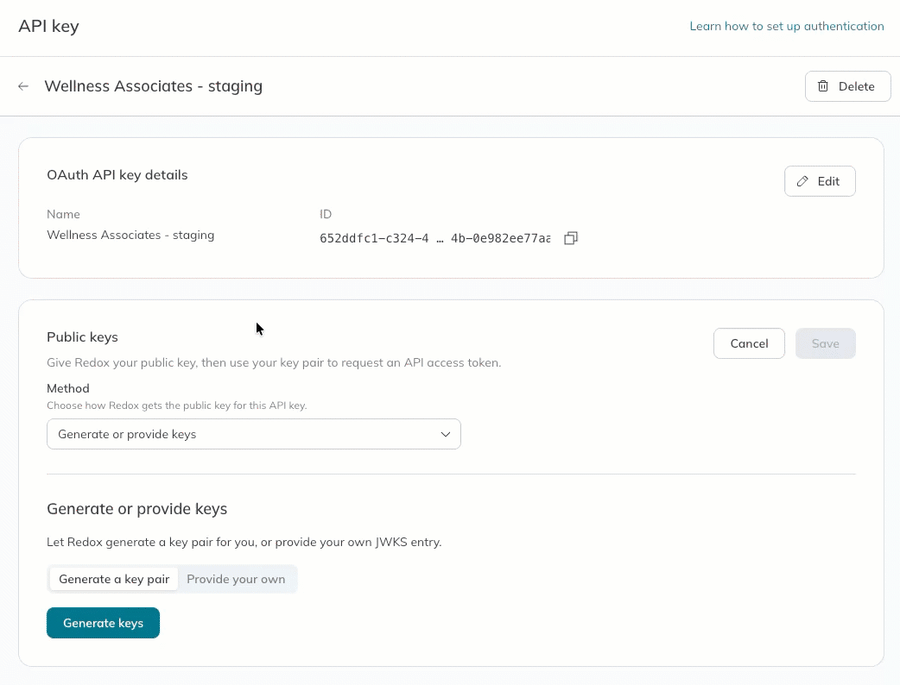 A user pastes the JWKS entry of their public key in the Redox dashboard. A user pastes the JWKS entry of their public key in the Redox dashboard.