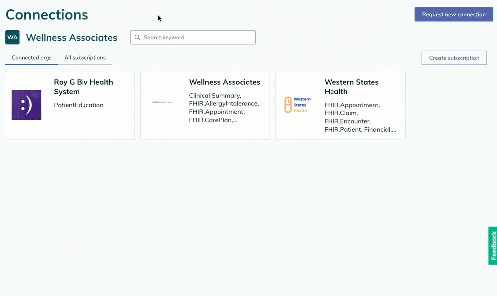 A user selects the All subscriptions tab to view subscriptions in a table.