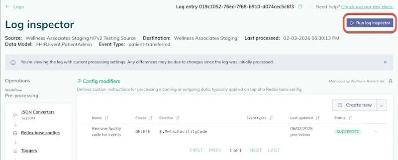 The Run log inspector button is in the top right corner. 