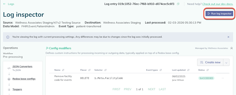 The Run log inspector button is in the top right corner. 