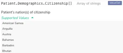 Example value set for the Patient.Demographics.Citizenship array