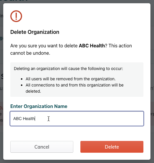 Confirm the organization name to delete