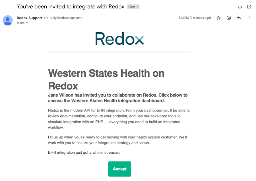 An example of the email invitation to the Redox organization.