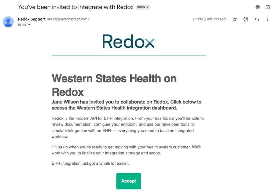 An example of the email invitation to the Redox organization. An example of the email invitation to the Redox organization.
