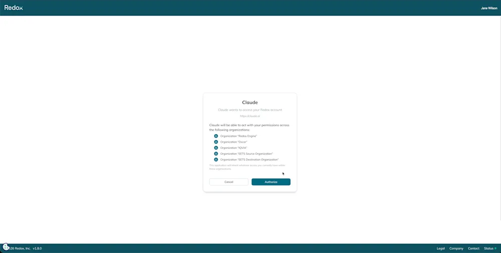 An authorization dialog opens in the Redox dashboard when you click authorize MCP server in your AI agent.