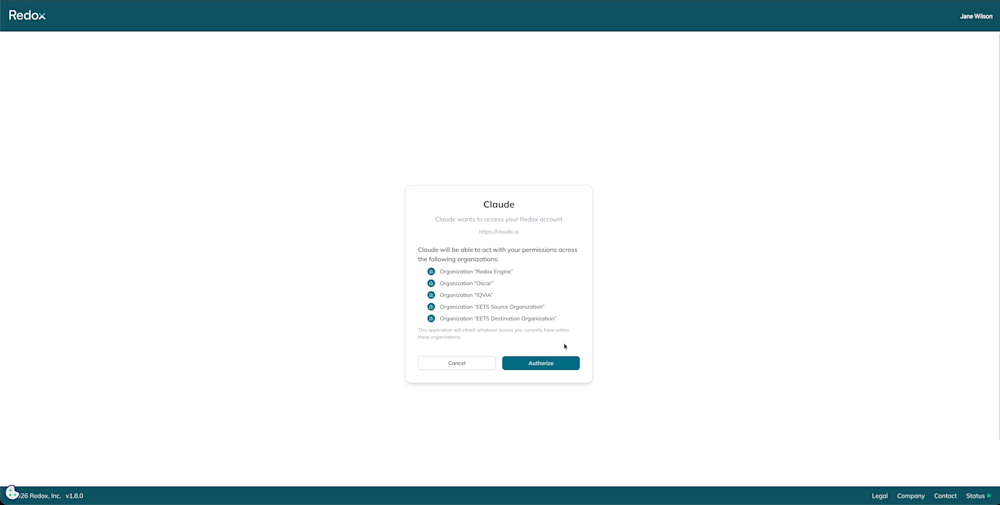An authorization dialog opens in the Redox dashboard when you click authorize MCP server in your AI agent.