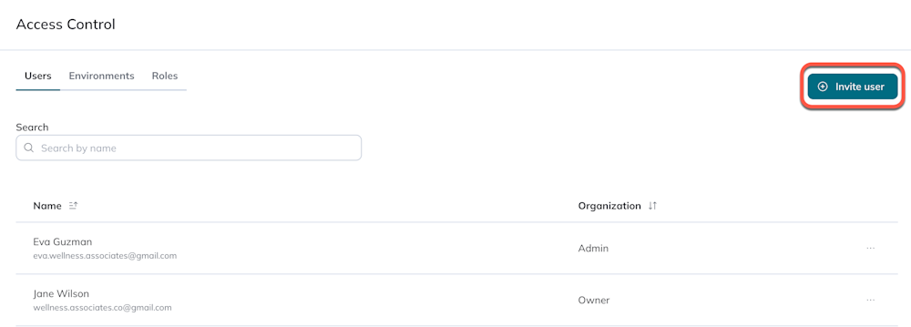 The Invite user button appears at the top right of the Users tab.