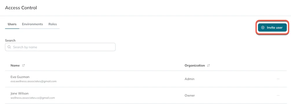 The Invite user button appears at the top right of the Users tab. The Invite user button appears at the top right of the Users tab.