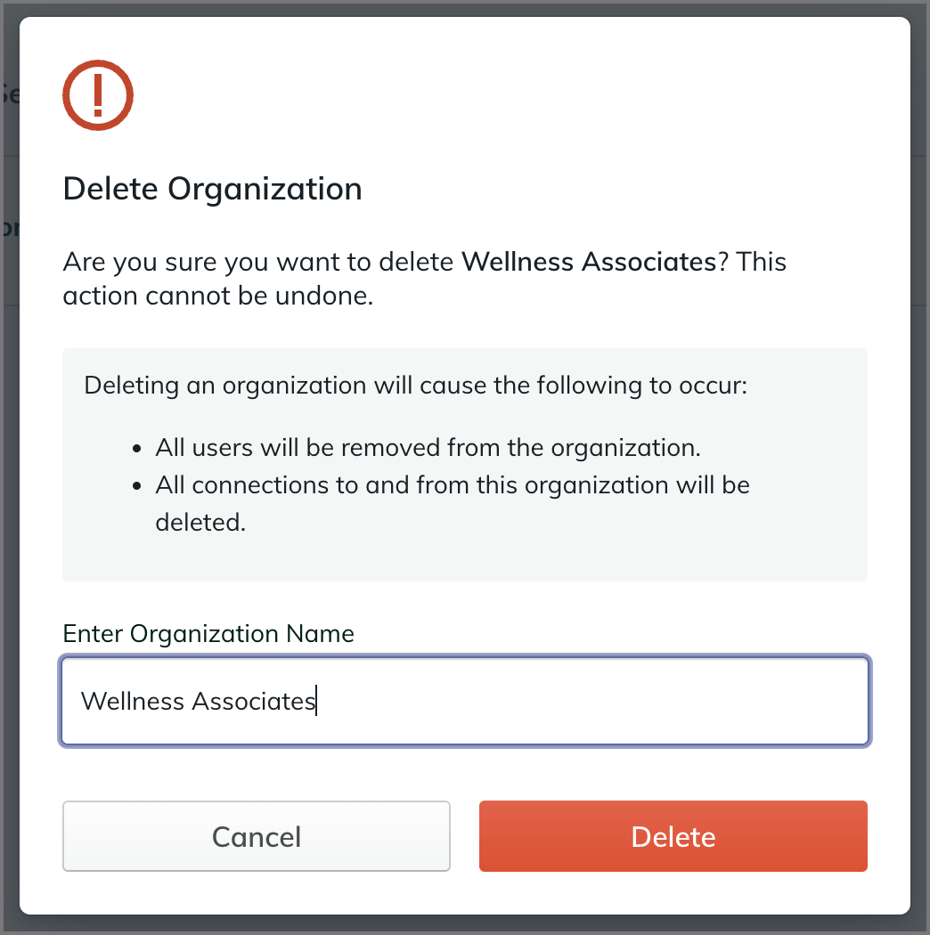 Confirm deleting an organization