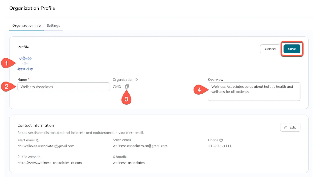 Numbers show which elements can be edited before saving the organization profile. 
