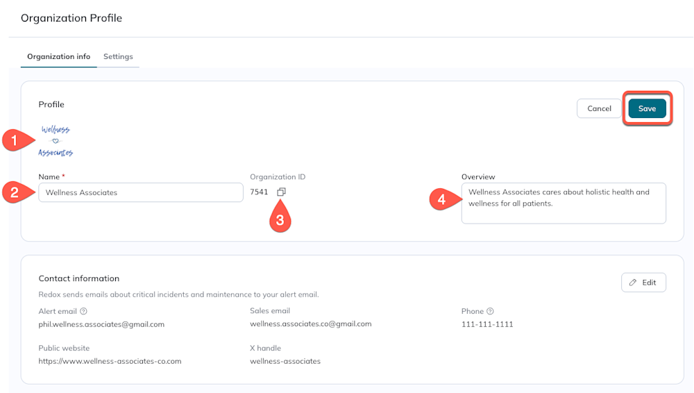 Numbers show which elements can be edited before saving the organization profile. Numbers show which elements can be edited before saving the organization profile.