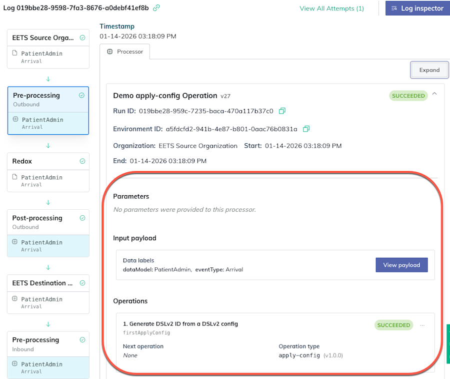Expand a processor to view parameter, payload, and operation details.