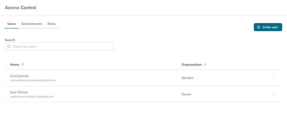 The Users table shows a list of active organization users with their email and organization role.