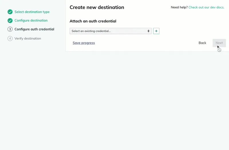A user selects an existing auth credential in the destination wizard. A user selects an existing auth credential in the destination wizard.