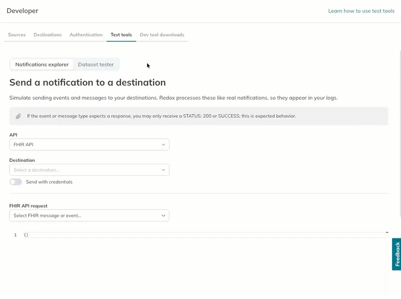 A user populates the API and Destination drop-downs in Notifications Explorer