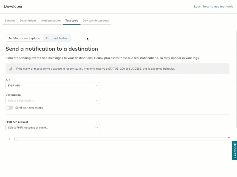 A user populates the API and Destination drop-downs in Notifications Explorer