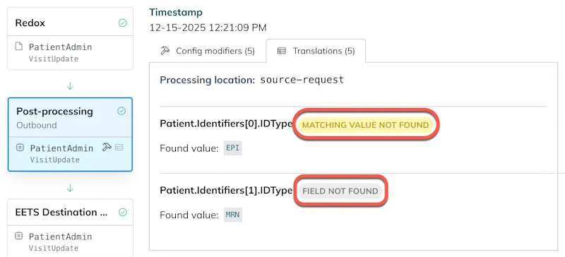 The unsuccessful statuses appear to the right of the field name if the translation isn't successful.