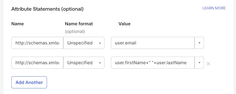 Okta: SAML settings - Attribute statements