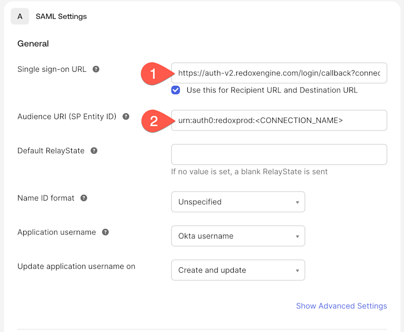 Okta: App SAML settings