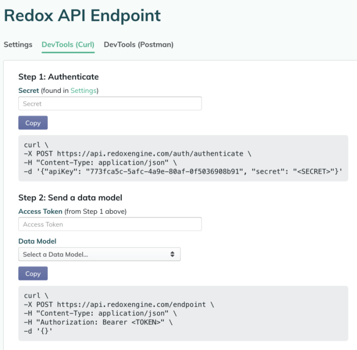 The DevTools available for a Redox API endpoint