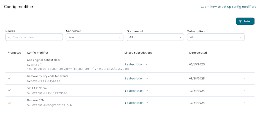 A table contains all the environment’s config modifiers and their related details.