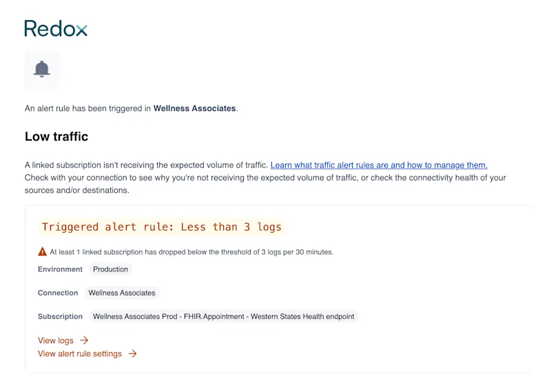 An example of an email notification for a triggered alert rule. An example of an email notification for a triggered alert rule.