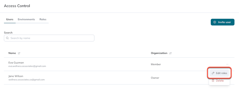 The Edit roles option is the first option in the Action drop-down menu. 