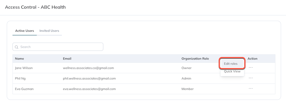 The Edit roles option is the first option in the Action drop-down menu. 