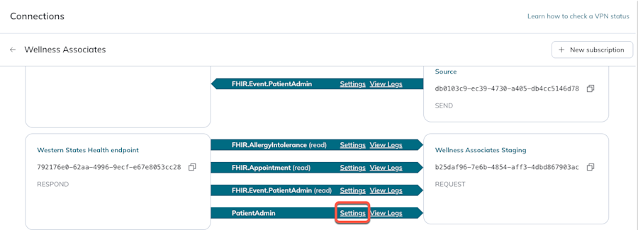 The Settings link appears on the subscription arrow.