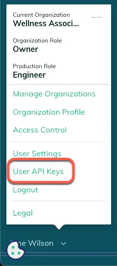 Access user API keys from the user menu
