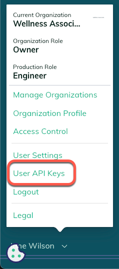 Access user API keys from the user menu