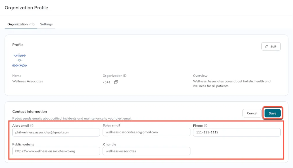 The contact fields are highlighted along with the Save button. 