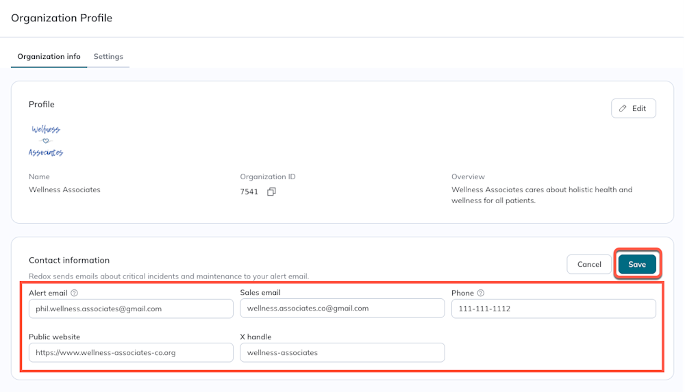 The contact fields are highlighted along with the Save button. The contact fields are highlighted along with the Save button.